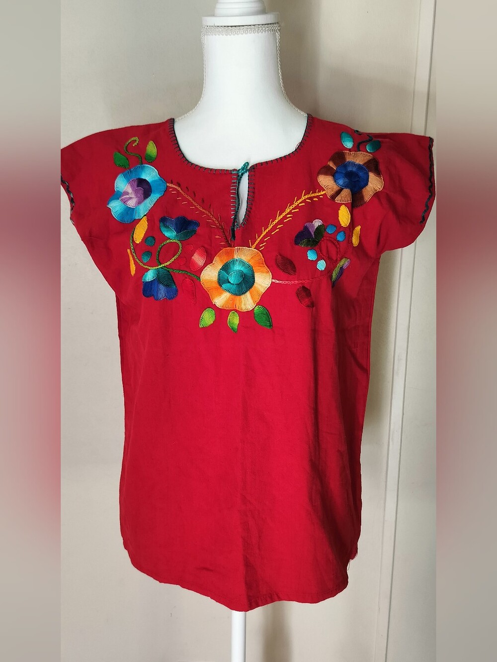 Red Embroidered Floral Tunic Top